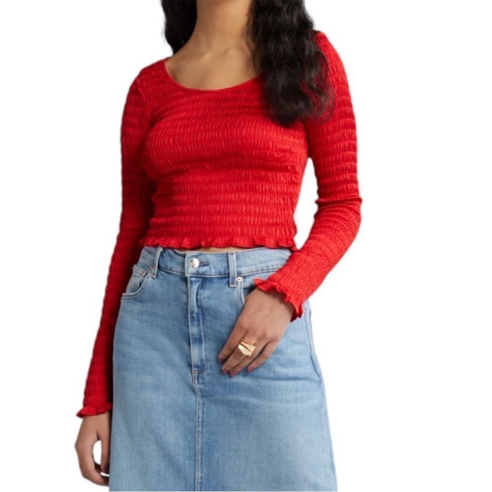 Open Edit Red Textured Smocked Scoop Neck Long Sleeve Top Blouse Size M